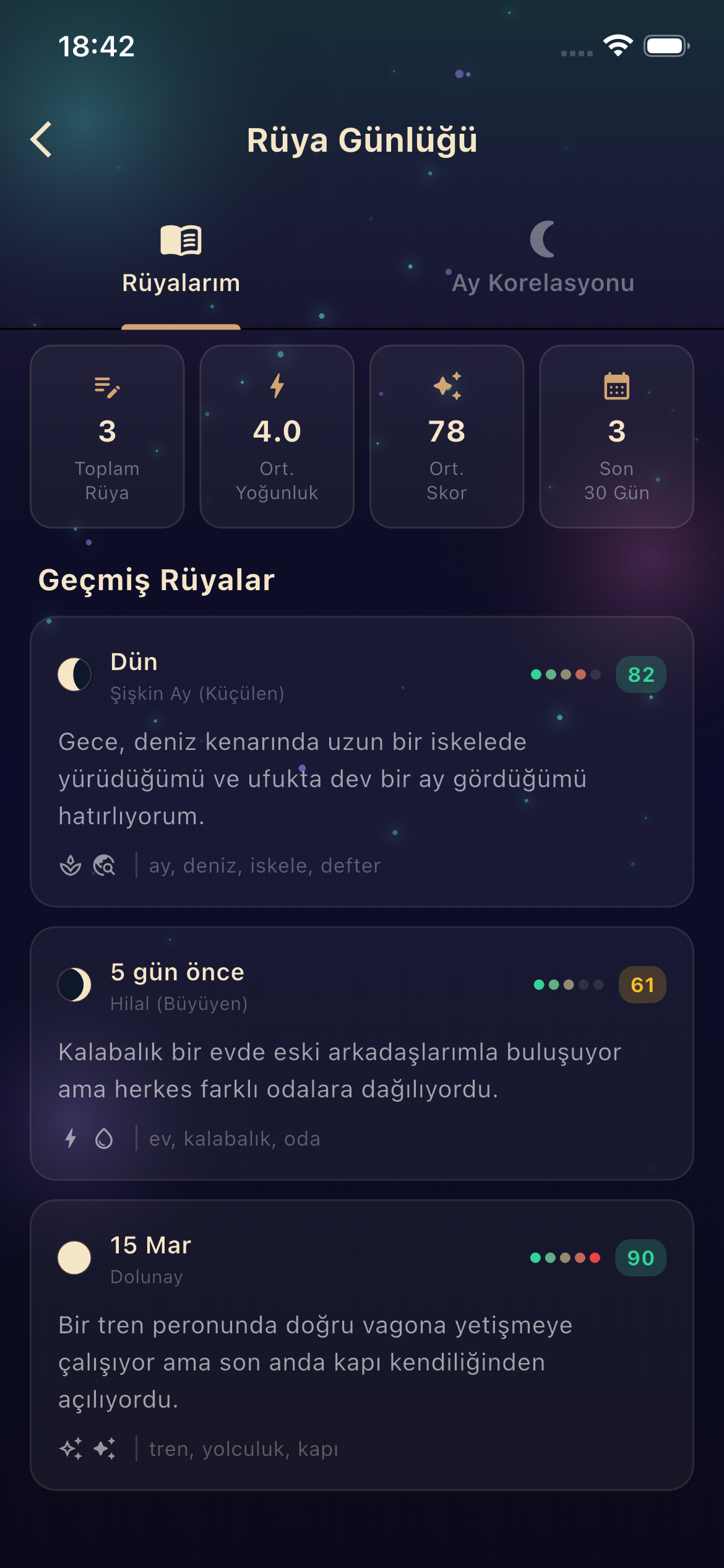 MIADA rüya günlüğü ekranı