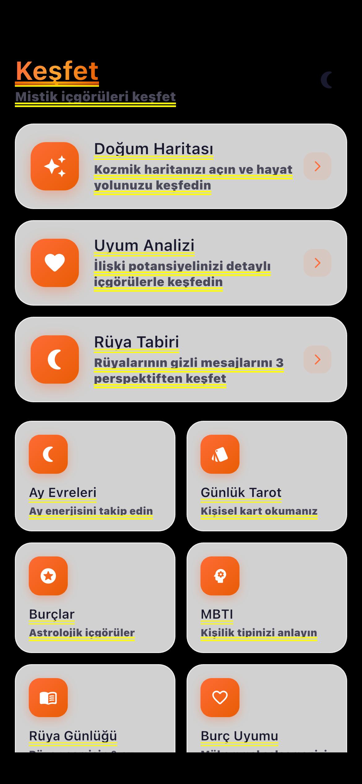 MIADA keşfet ekranı